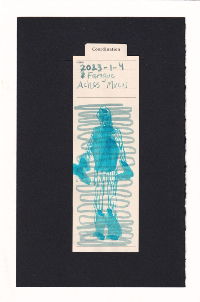 bookmark printed with the outline of a human, marked with ink. There are blobs of cyon ink in the head, toros, hands, and lower legs. Drippy cyan lines connect them. A thick siwrling fog of light grey covers the figure. The caption is written at the top of the bookmark in the notes section. The year written is incorrect.