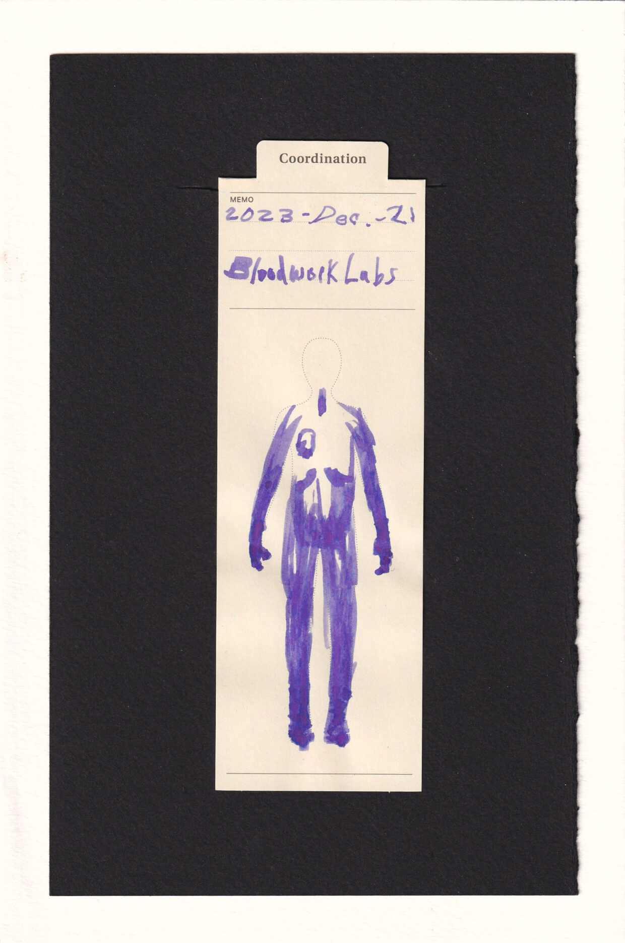 The body silhouette on the bookmark has its extremities and lower torso colored in purple, with a partial heart visible and two swoops mid-abdomen. The head it not colored at all, as is the upper torso. There's a line where a sore throat might be.