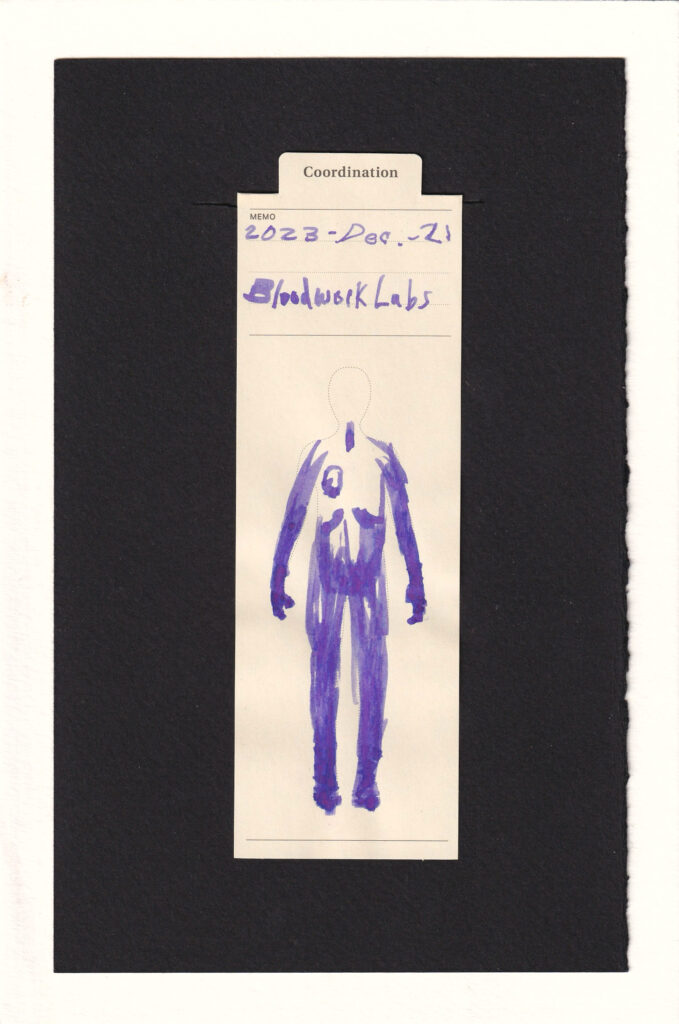 The body silhouette on the bookmark has its extremities and lower torso colored in purple, with a partial heart visible and two swoops mid-abdomen. The head it not colored at all, as is the upper torso. There's a line where a sore throat might be.