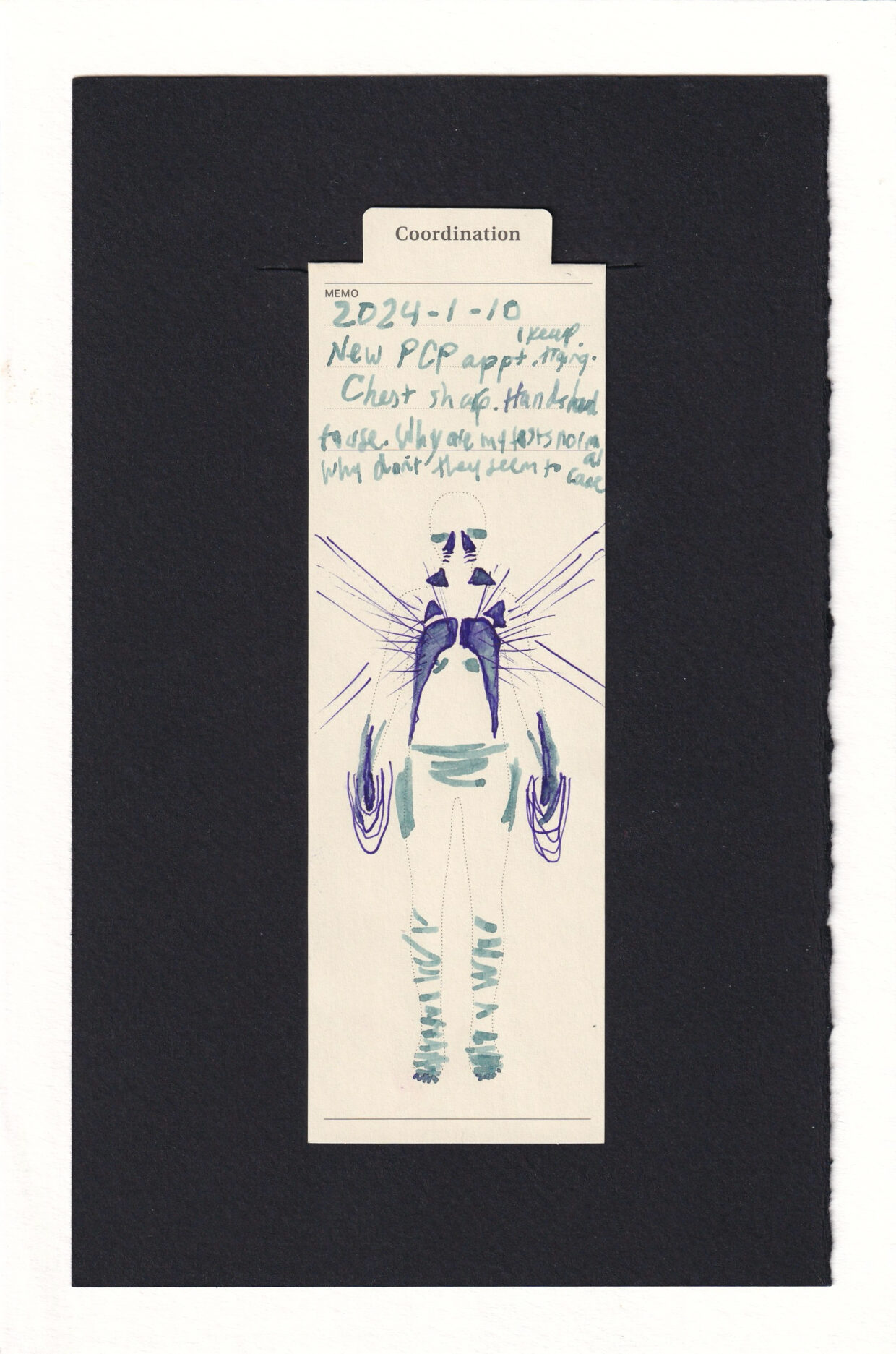 Lots of ink marks up a human form printed on a bookmark. In dark purple are symmetrical hand/thumb scribbles, chest shapes almost like lungs, and nose marks. Large thin purple lines almost like spikes shoot in at diagonals into the chest. In pale blue are two closed eyes, and lines reperesenting heaviness in the upper pelvic region & hips. Additional pale blue repeating lines mark the lower legs, ankles, and feet.