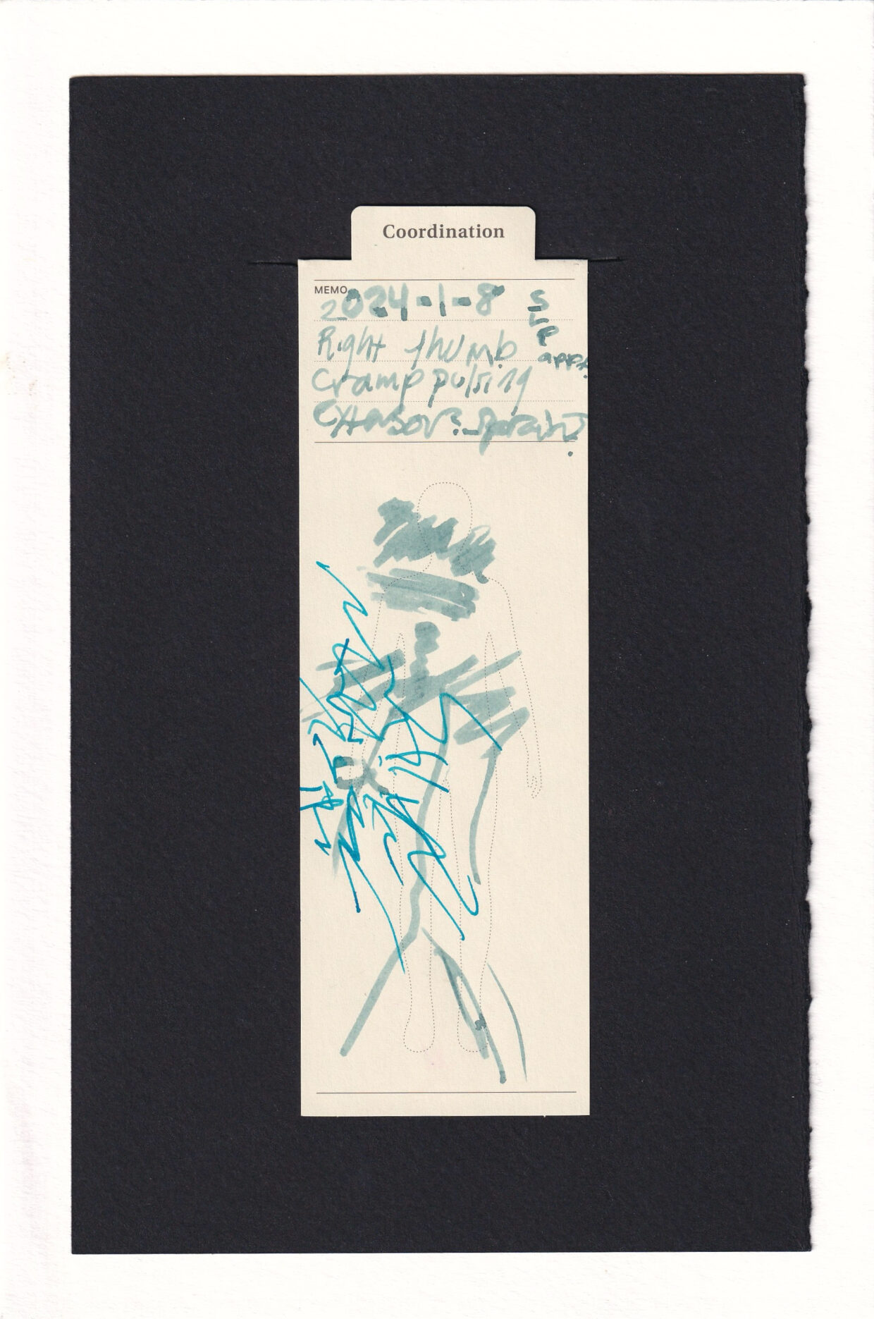 Bright cyan marks giant electric shock-like pain from the right hand of a pale blue stick figure drawn disproportionately on top of a printed outline of a human. Sloppy handwriting (due to right hand pain illustrated) at the top of the creme bookmark is the text included in the caption for the image, including date and description.