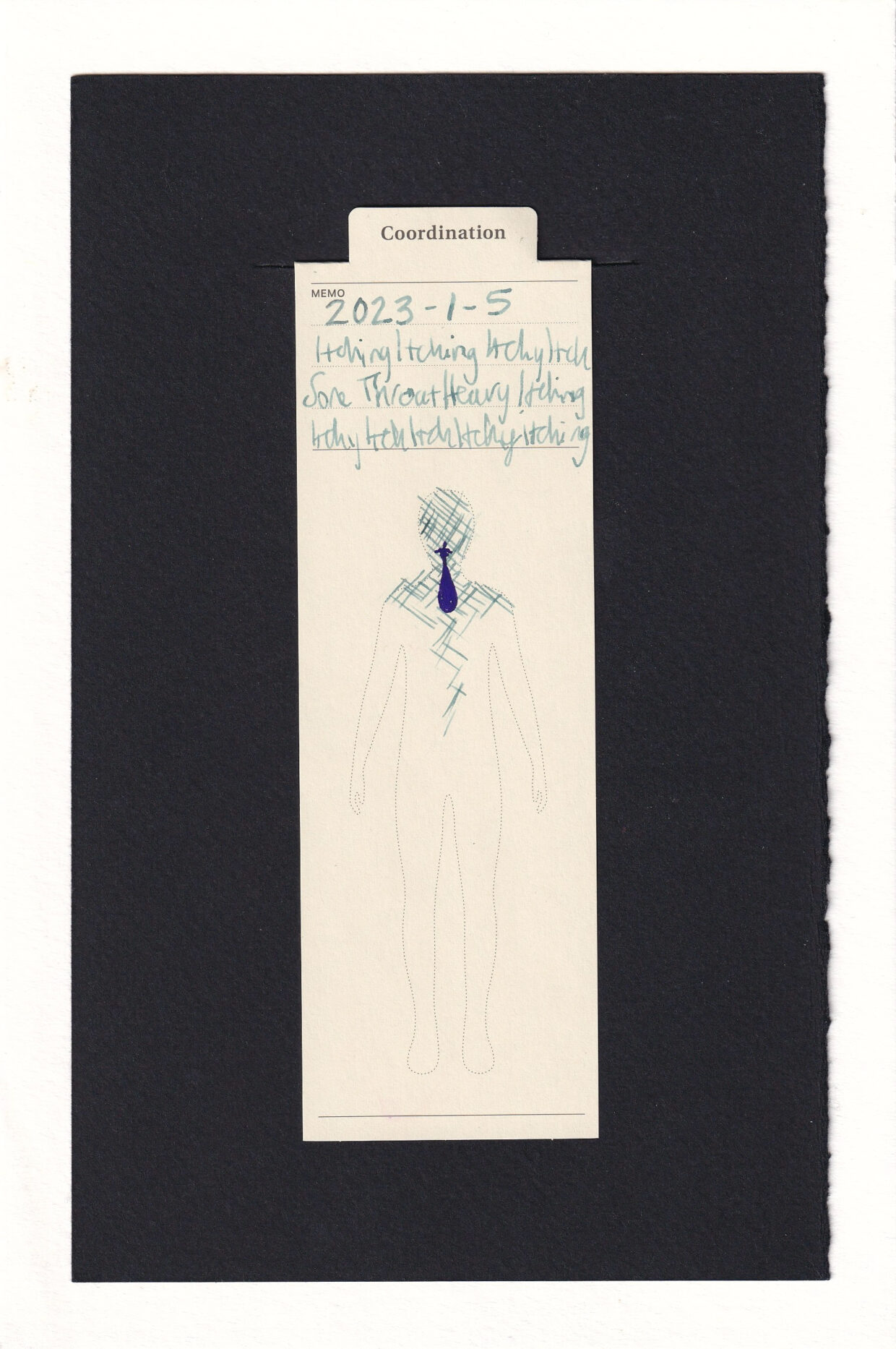 bookmark printed with the outline of a human, the caption text written at the top in the notes section. The human's face, neck, shoulders, and dwindling down the center of the body are covered in diagonal hatches, which look like scratch marks. dark purple shows the shape of lips and behind them a LARGE, heavy, droplet that takes up the entire throat and down into the chest.