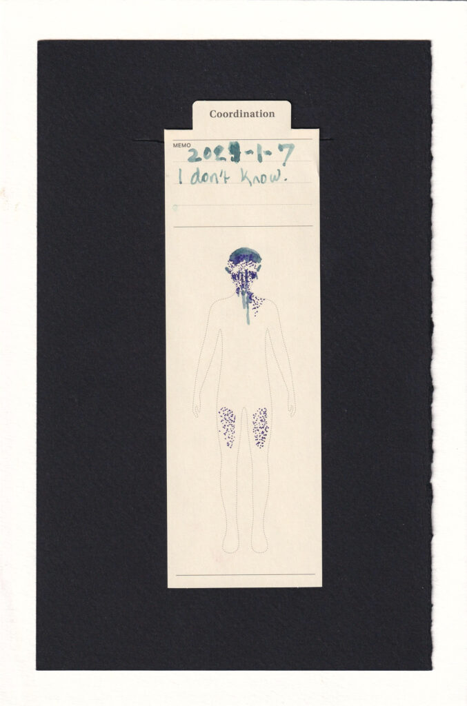 Outline of a human printed on a creme outfit "Coordination" bookmark, annotated with inks. The tops of the thighs are speckled with lots of purple dots, almost like a pox. The face and left shoulder have the same purple dots. They're especially strong on the cheeks. Parts of the head including forehead and ears are marked light light blue, almost like swelling. Two large heavy pale blue lines come down from where the nose would be into the top of the torso, almost horribly long mucuous threads