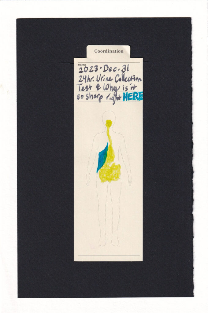 Outline of a human printed on a bookmark. In bright yellow green there is an anatomical path from mouth, down esoughagus, into stomach and GI tract. In bright blue, the same as "HERE" is written on the top of the bookmark, is a sharp pointed wedge in the right side of the figure's abdomen.