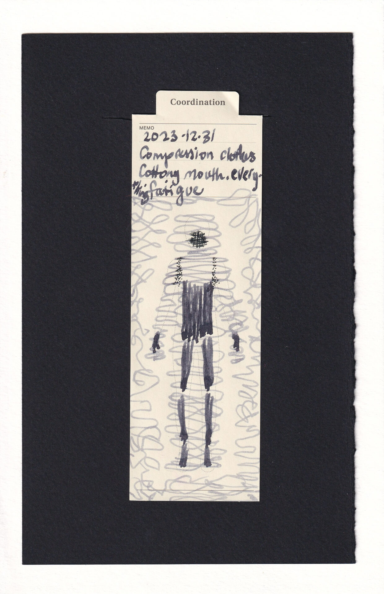 Shape of a human printed on a bookmark, colored with ink. Light grey swirls up and down the body, limbs, and head of the figure, as well as separately, in the perimeter of the bookmark like the world around them. Dark grey vertical lines along the interior of the fiugre, but not filling them completely, form compression tank top, leggings, socks, and gloves.The mouth area is hatched with black ink, and the straps of the tanktop are dotted with black ink. These are the most "loud" parts of the pain.