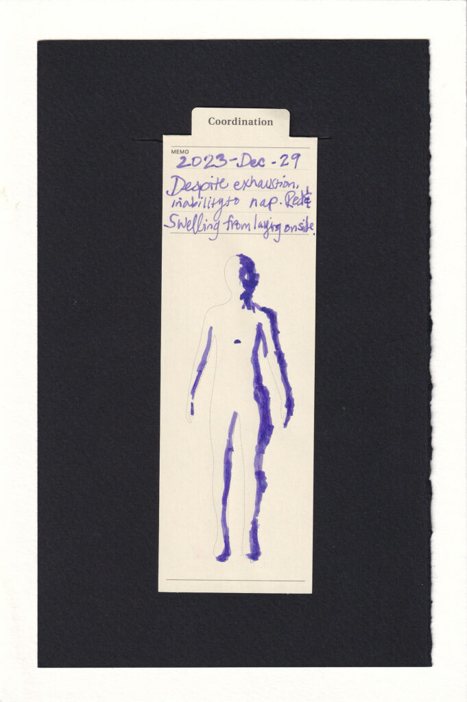 The Body Bookmark Silhouette is marked with purple ink, showing lines along the figure's left side, including left half of face, left side of left arm, left leg, & torso, as well as left side of right leg and right arm. It almost looks like a drop shadow effect or embossing of the figure. 