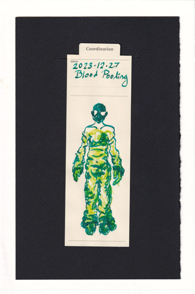 A bookmark printed with the shape of a human standing silhouette. Yellow and turquoise inks have been drawn on. The turquoise lines form a sort of skin, that looks like it's larger than the form, sliding down the body and pooling at the extremities. It's filled with a neon yellow. The head is dark turquoise with holes for the eyes.