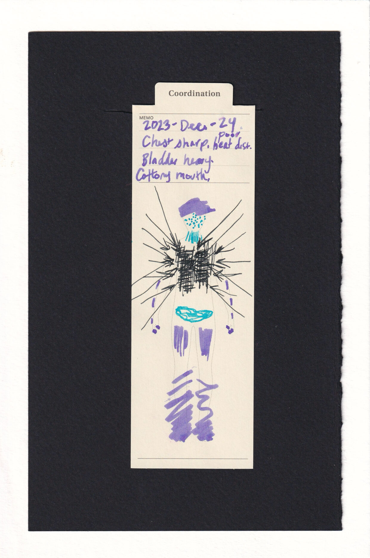 A silhouette of a human printed on a bookmark is adorned with purple lines in the forehead, legs, top of thighs, and forearms. Blue highlithts the bladder area, throat, and speckles on the face. The chest is covered in thin black hatches, with large arrows pointing in at them, as though stabbing the torso.