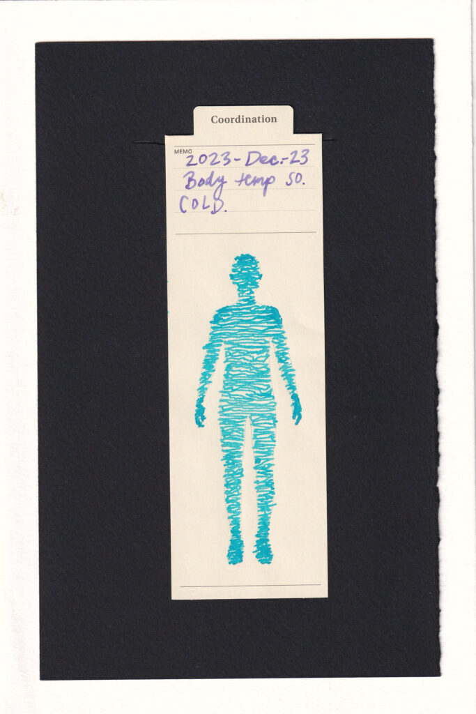 Silhouette of a human on a bookmark, filled with wavy cyan blue lines, sort of like ice cracks. They are closer together rendering a look of more "cold" at the extremities, shoulders, and head. The caption/post title is written on the top lines of the bookmark.