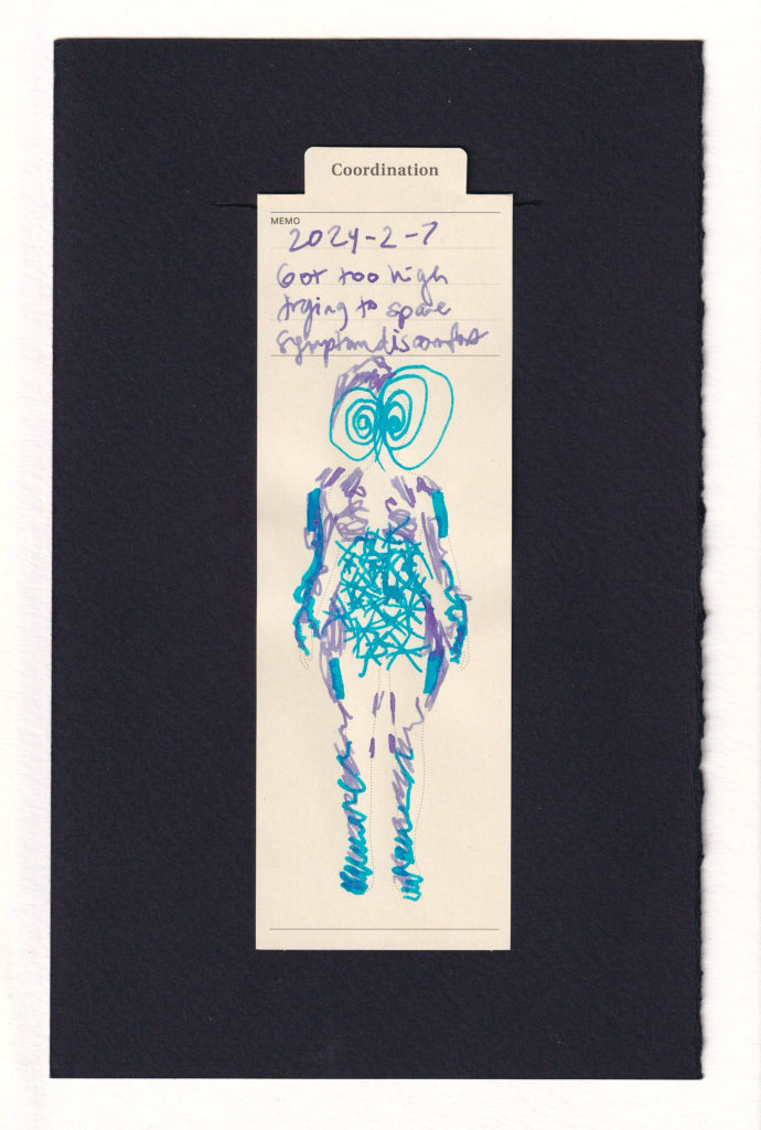 Outline of human on bookmark has been modified with bright blue ink to make giant swirling eyes coming out of the head. There are many sharp asterisk-like pointed shapes in the gut. Purple and the same blue areas mark along the extremities where different sensations, sensitivities, and pains were.