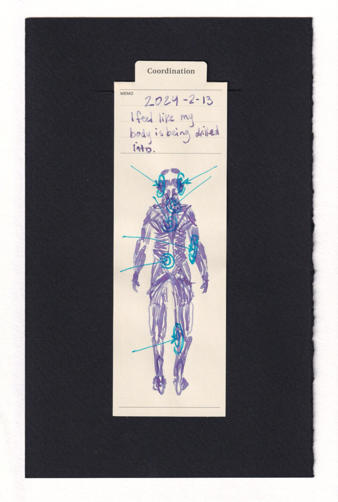 Purple ink drawn view of the anatomical musculature of a human from the back. Bright blue arrows point at targets on different areas of "drilling" pain, including both sides of the head, the right knee, right elbow, left lower back, and central upper back.