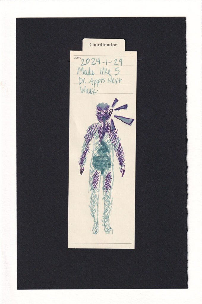 Duotone clinical pale blue and a warm thin purple cover the entire printed silhouette of the human shape. A large left ear is drawn on, with 4 different sized sharp triangles pointing inward at it. Dramatic purple criss-crosses denoting itchiness cover the face, chest, arms, and upper thights. Beaneath them are pale blue GI tract and forehead. The entire body is covered in either color, different values for different types of pain, swelling, itching, and discomfort.