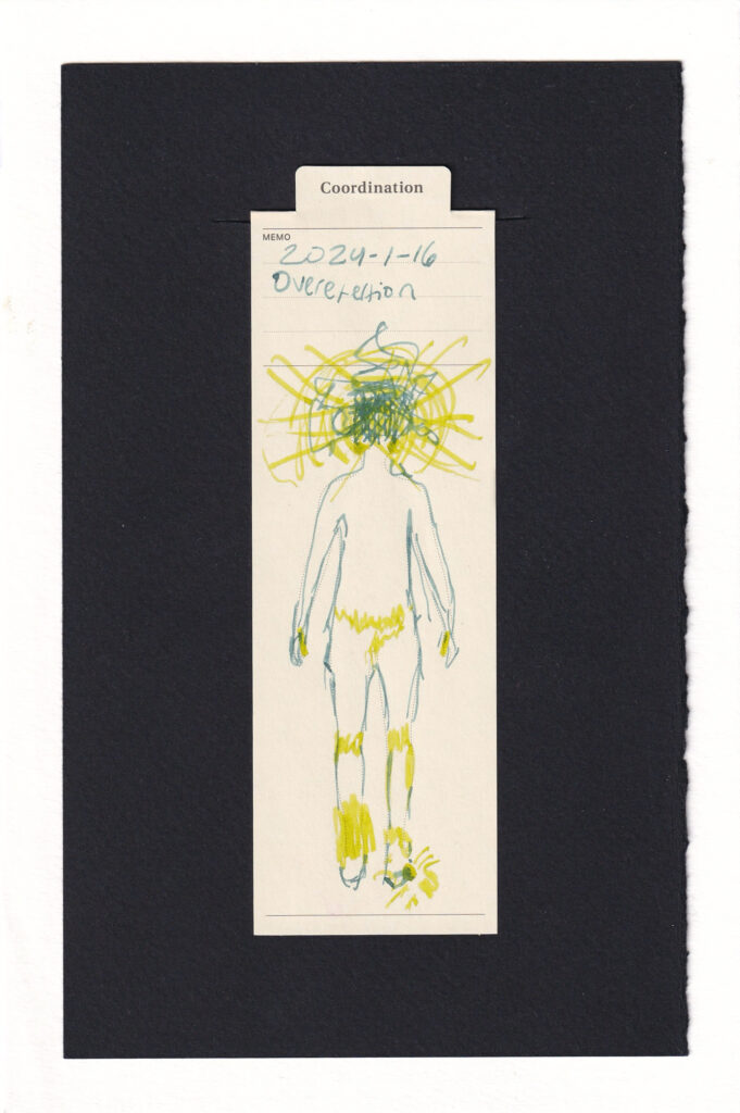 The neon yellow from the previous day's x-ray lines now imbue different areas the body, including knees, thumbs, ankles, lower intestine and colon. Most dramatically, the head is entirely crossed out, both in a large series of crossing lines and pulsing concentric curves of neon yellow, and more scribbly in the clinical blue. The body is traced shakily in the clinical blue as well.