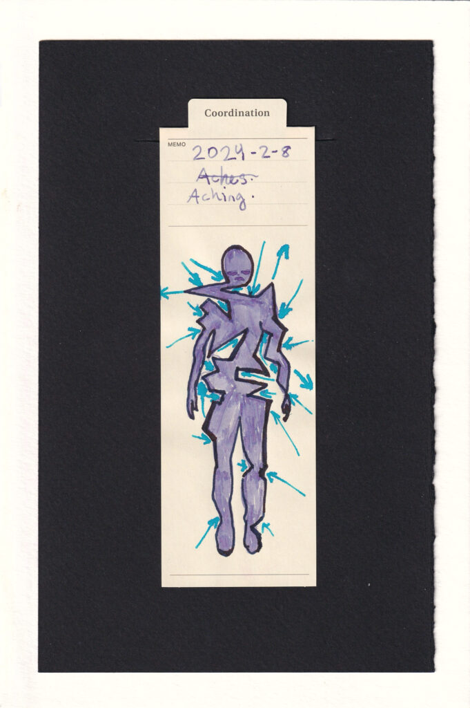 a cream bookmark has the shape of a humanoid figure, with sharp angles contorting their silhouette. a giant crick in the neck, asymmetrical triangular distortion in the arms, and other geometric distortion in the torso represent aching. Bright blue arrows show the angles of contortion