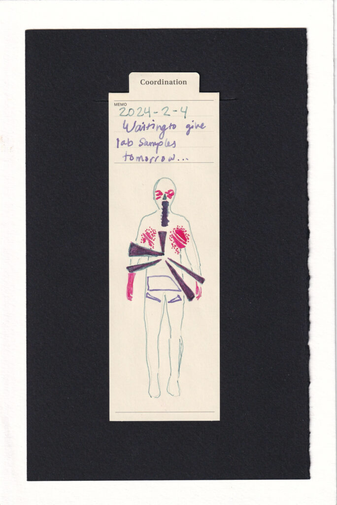 Hot pink-red shapes burn the armpits of the outline of a human body, asymmetrical but not dissimilar. The eyes, and hands are the same bright colo. Triangle dagger-like shapes pierce the stomach, and empty blocks fill the pelvic area of the figure. a throat tube is scribbled til the colors blend sickly and almost raw on the page.