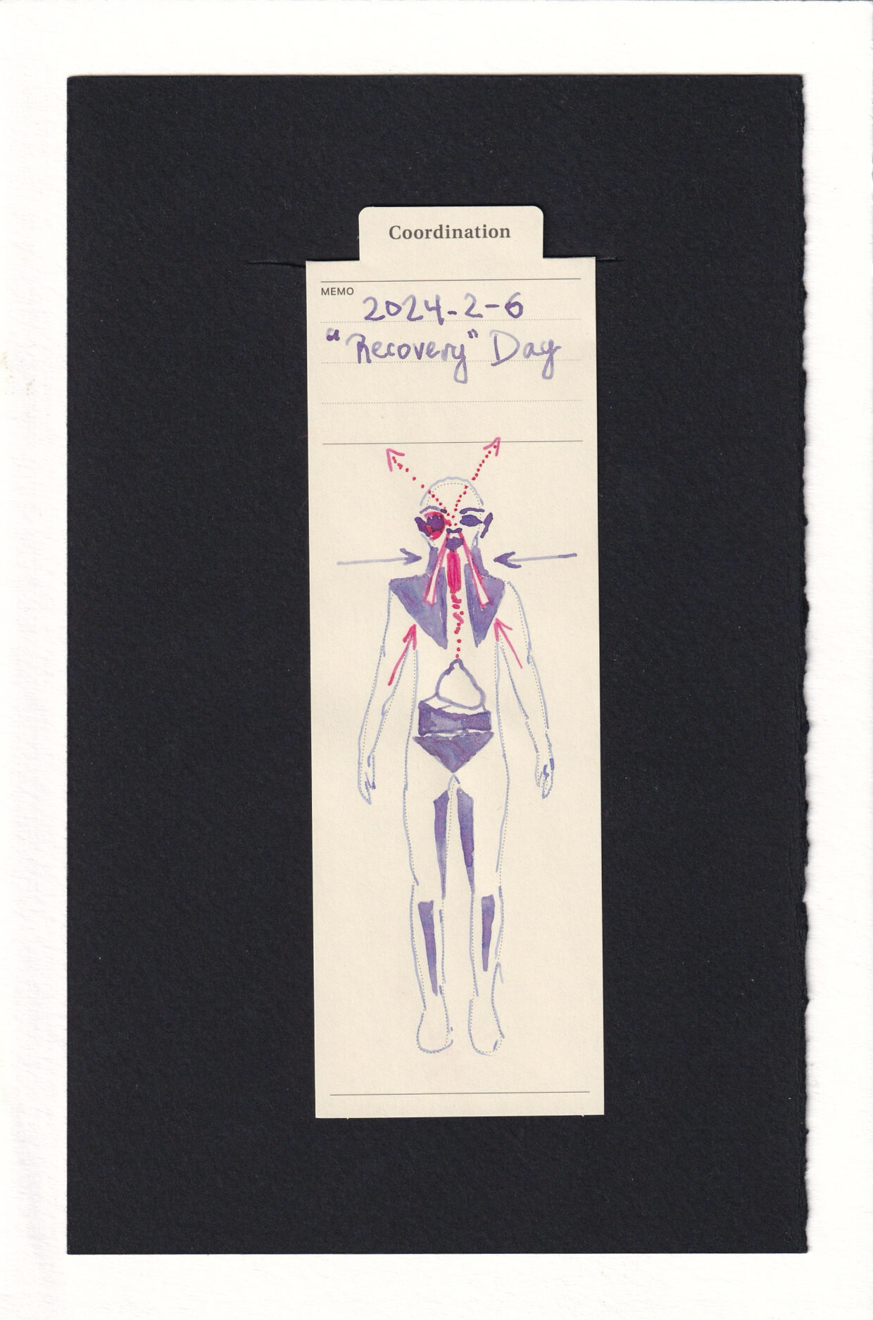 Silhouette of a figure printed on a manilla creme outfit "Coordination" bookmark. The figure is colored with purple and hot pink. Two large hot pink spikes are drawn coming out of the figure's nose, with arrows implying they have been shoved up there, and will continue that trajectory thoughoht the skull. Also in hot pink is the throat, and the area surrounding the left eye. The purple areas are geometric and colored in, representing deeper (less sharp) feeling pain like muscle, extensor, and GI tract cramping.