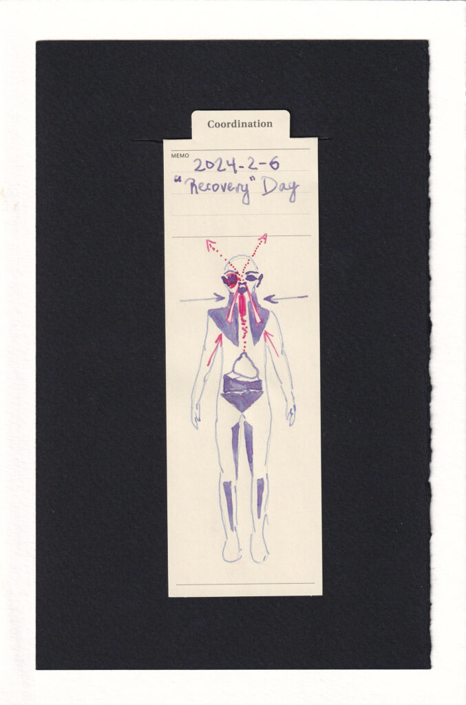 Silhouette of a figure printed on a manilla creme outfit "Coordination" bookmark. The figure is colored with purple and hot pink. Two large hot pink spikes are drawn coming out of the figure's nose, with arrows implying they have been shoved up there, and will continue that trajectory thoughoht the skull. Also in hot pink is the throat, and the area surrounding the left eye. The purple areas are geometric and colored in, representing deeper (less sharp) feeling pain like muscle, extensor, and GI tract cramping.