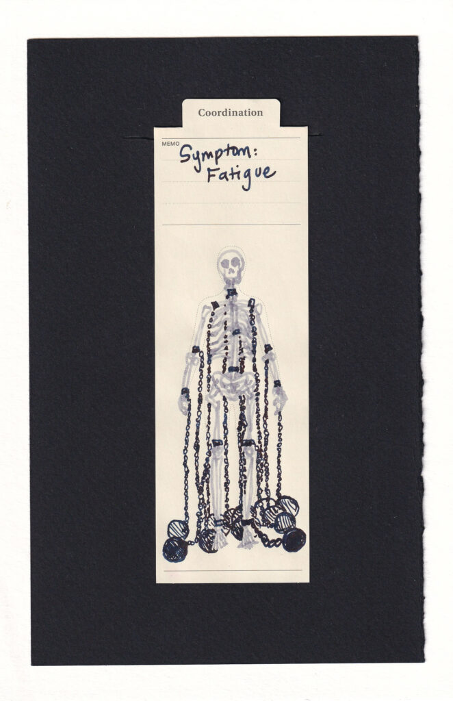 A light colored skeleton is drawn inside a bookmark printed with the outline of a human. Black ink has added a series of "ball and chain"s to the figure, just above each joint, as well as down the spine. The chains are taught down the sides of the skeleton's body, and the dozen heavy balls rest on the floor around them.