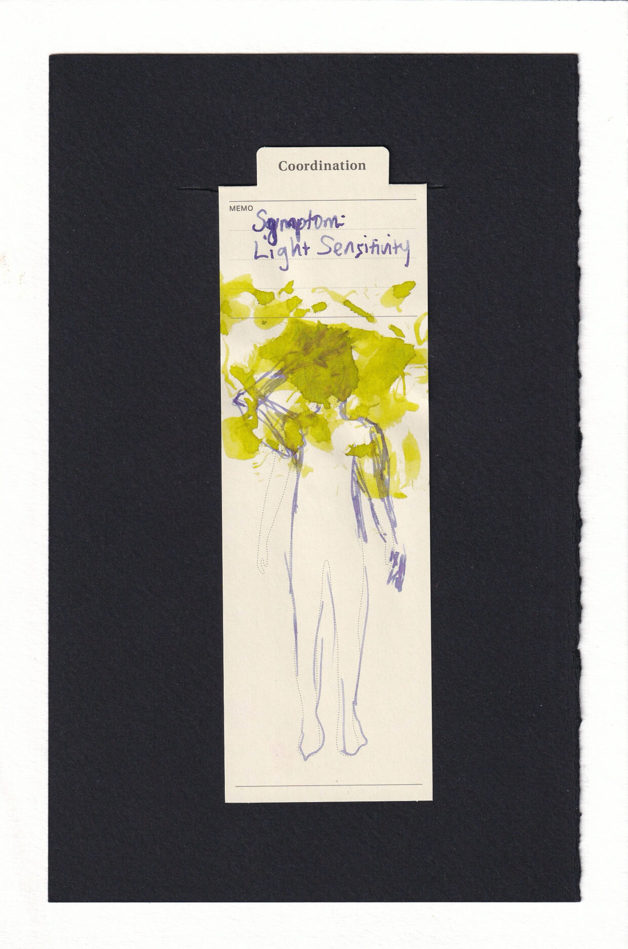 The shape of a human is outlined on a cream manila bookmark. An arm is raised as if shielding the eyes from the light. All over the face, around the head, upper arms, and general field of view are large blurs of neon-yellow-green light distorting the figure's face and ability to engage with the world.