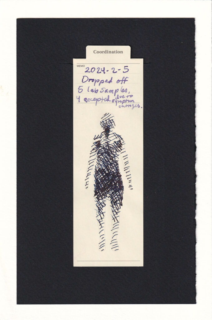 Black cross hatches cover the entire body. The darkest parts are the throat and lower abdomen, middle values are face and upper abdomen. In the throat and lower abdomen bright blue particulate is mixed in the ink, reflecting what might be points of auto-immunity, pain, or another imagery-spiking meatsuit battle.