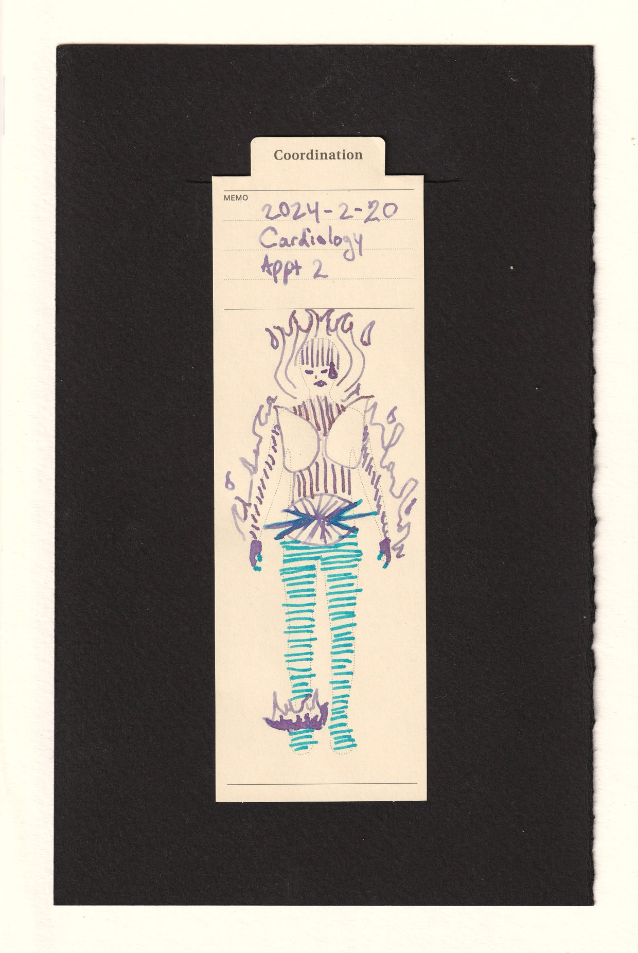 Figure printed on a manila bookmark is modified with a dark purple ink with gold particulate, and a bright blue ink. The upper body of the figure, including arms and head are on fire. Flames also rise from the lower right ankle. The body is squished together, and the lower body is in horizontal cool blue lines. The chest is exaggerated, and a displeased face with a sweatdrop is visible. Fingerless compression gloves are also drawn on.