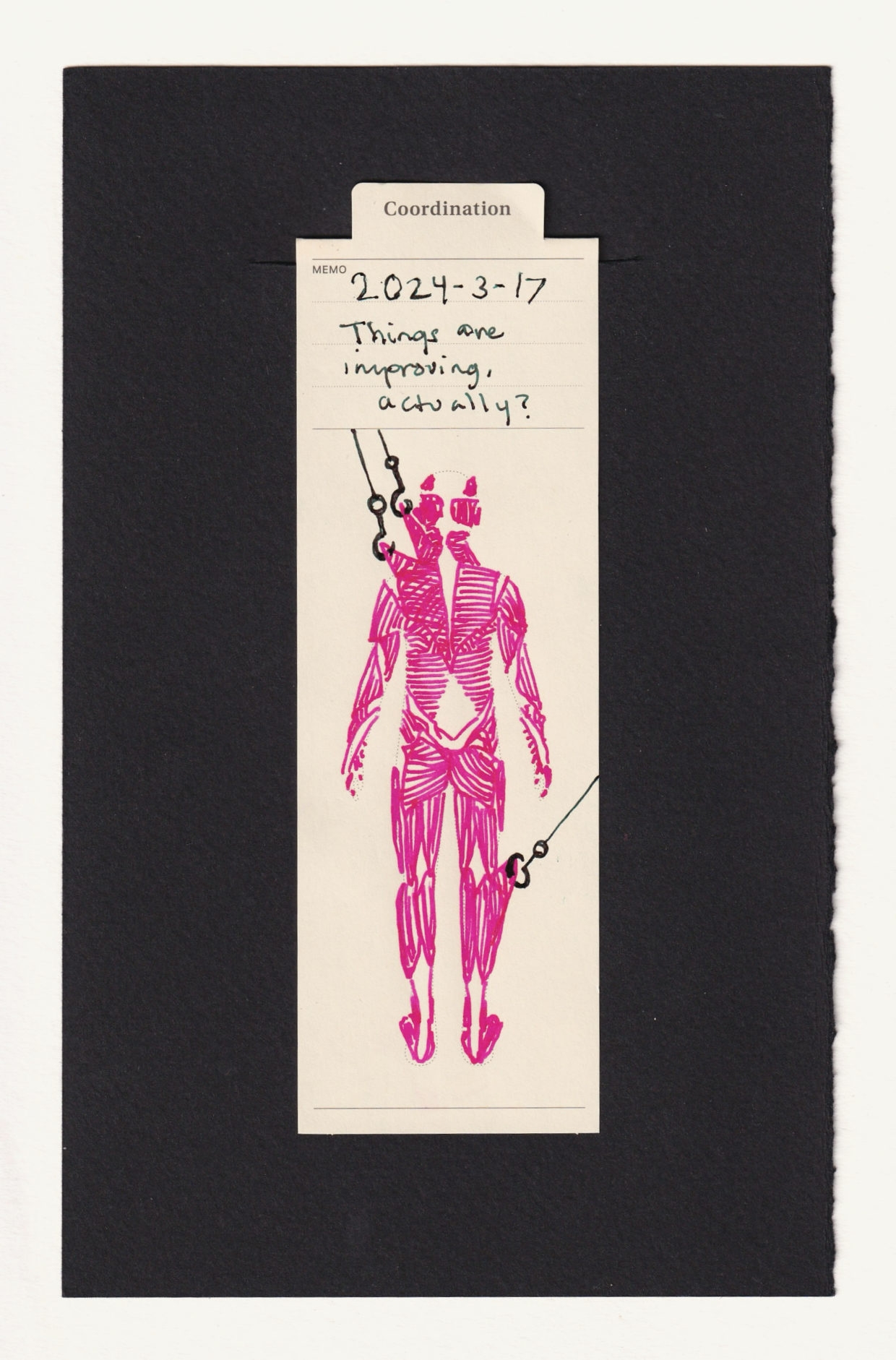 Muscles drawn on a human figure, viewed from the back. Two pieces in the upper left back and shoulder are stretched, hung on hooks like meat. One piece in the back of the right shin is also hooked and pulled taught. In the notes section at the top of the bookmark, in juxtaposition to this pain, the caption is handwritten. This pain... is an improvement? Apparently so.