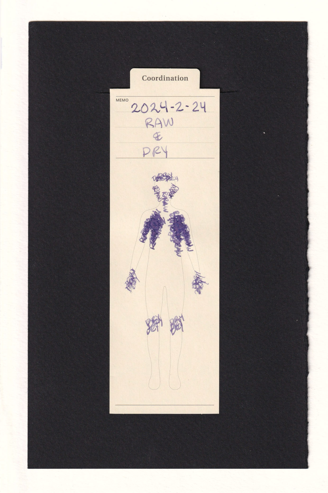 Outline of a human printed on a manila bookmark, has been marked in ink with the words "Raw" and "Dry" overlapping each other. The armpits have been written "Raw" so many times the ink has pooled and become a deep heavy stain. The cheeks and throat are also raw, the knees, palms, and forehead dry.