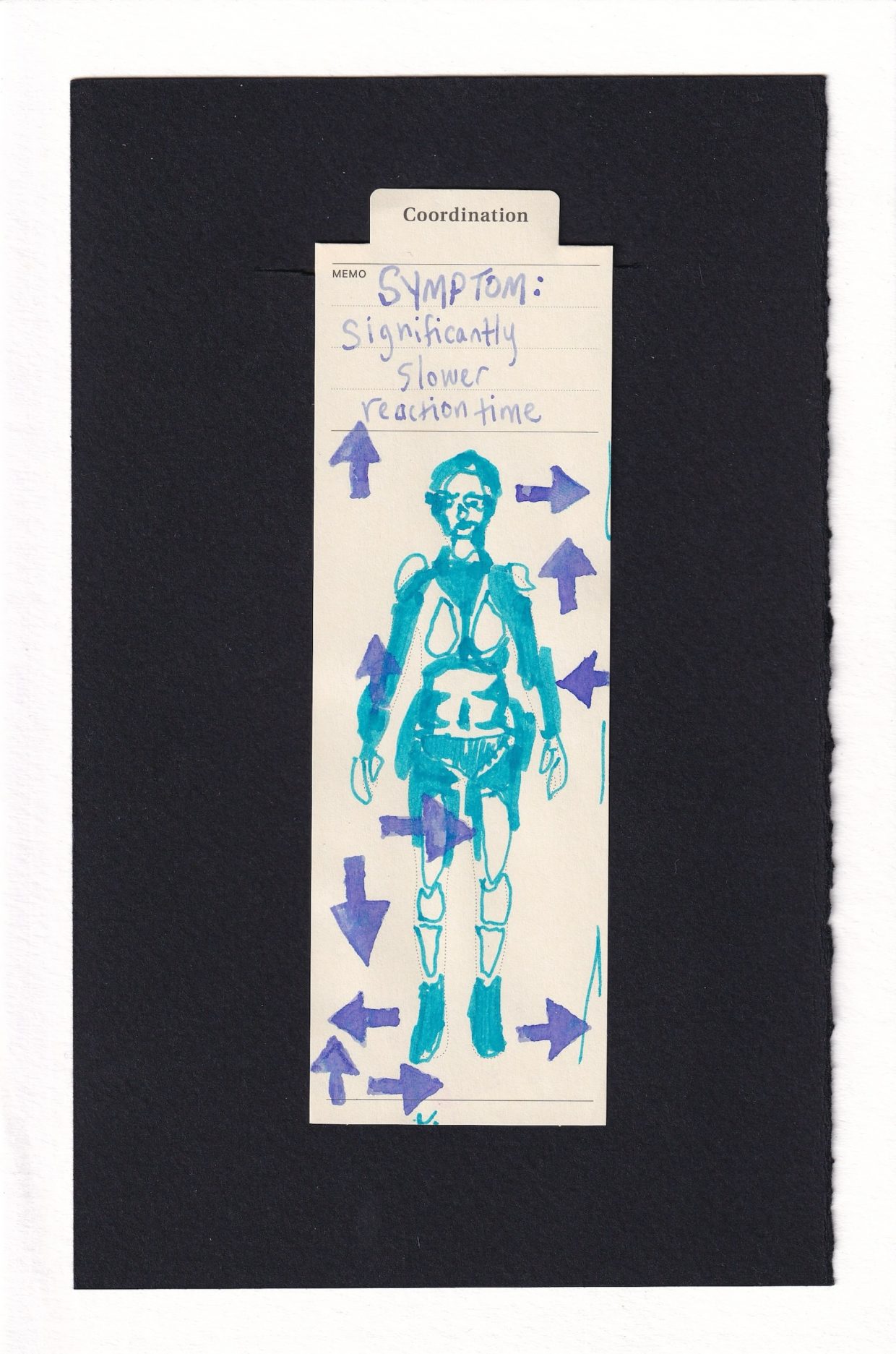 Blue ink modifying the outline of a human printed on a manila bookmark. THe figure has a concerned or discomfortable facial expression looking down and to their right. There are a series of different scale purple arrows pointing in a variety of directions. The figure is frozen in a moment in time while the arrows seem to indicate expectations of motion from them.