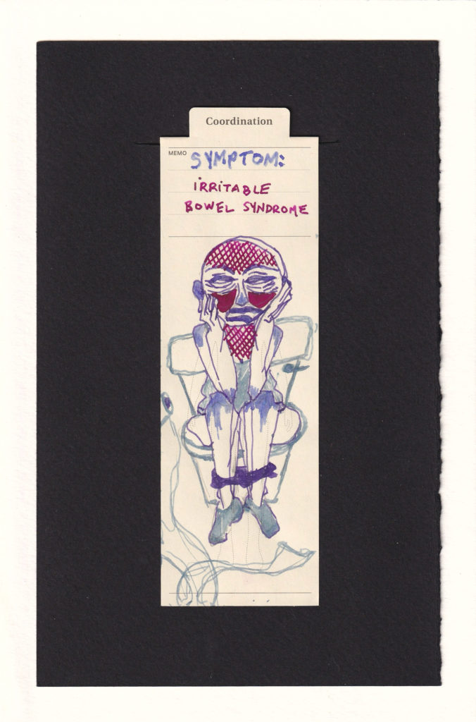 Highly exxagerated figure of a person on the toilet. a somewhat two-dimmensional oversized face, almost like a historical mask shows severe bags under the eyes, rash on the forehead, burning in the cheeks. The figure's shoulders and upper body is at the usual scale, with a rash on the chest and an impliedd tank top. The legs are brought up and underwear is around the ankles. The person has their oversized mask-face in their hands, looking extrmemly sensation-uncomfortable, but physically like they've been sitting a while. A roll of toilet paper is undwound, spilling onto the floor.