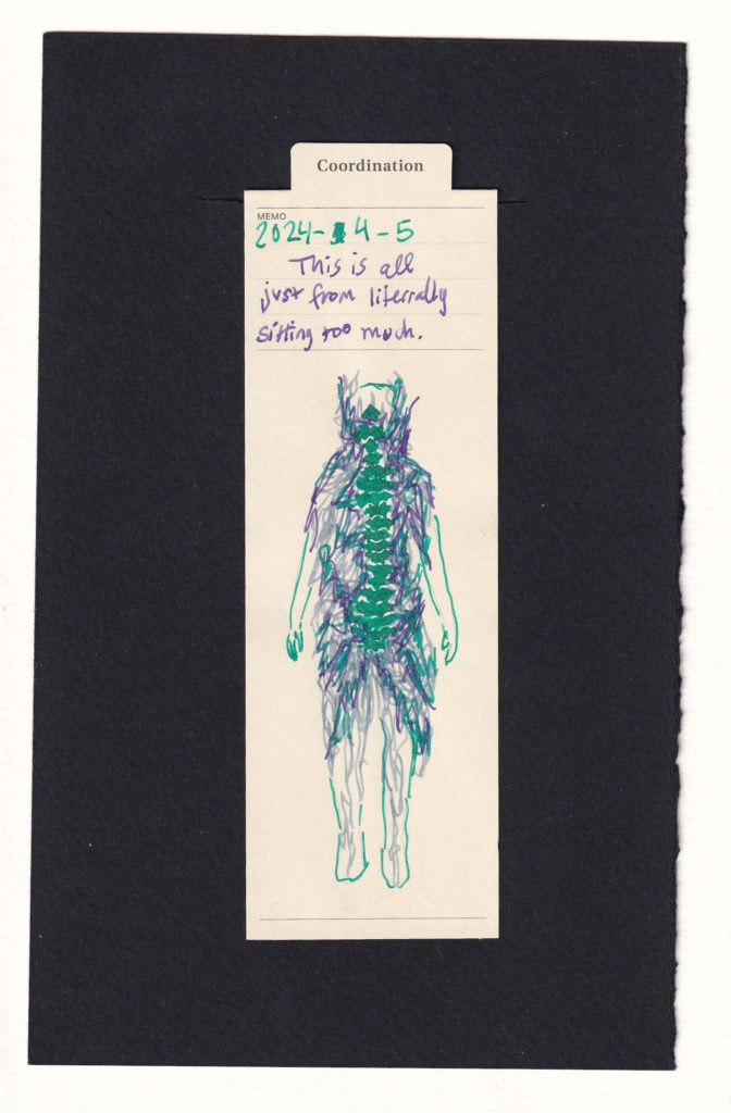 oversized turqoise spine with copper particulate drawn down the outline of a figure. Pale blue, purple, and that bright patina turquoise scribble outward from the spine, covering the back and upper legs, as well as the sides of the head. The scribbles get less intense as they travel down the body into the leg and arms thankfully.