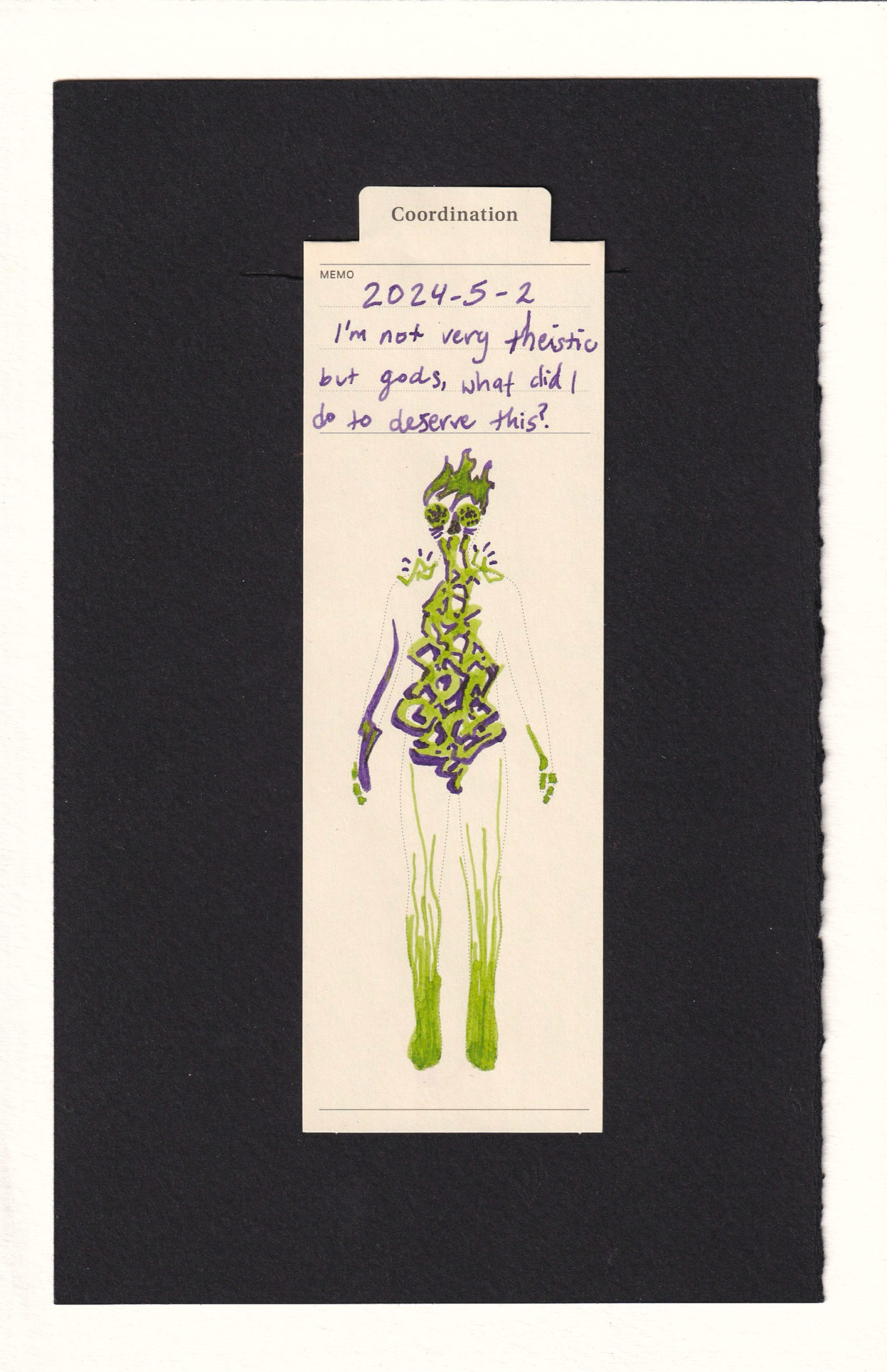 Neon green and dark purple clash on this manila marked-up figure. The inside of the torso is angular, sharp squiggly shapes in lime green, with a purple shadow that becomes larger as they go down, denoting severe weight and gravity feelings. The hair seems almost fire-like, and the eyes are almost like fruit-slice radially concentric unsettling shapes. The nose is colored in dark purple. Small angular pricks jump off of the shoulder areas, and the hands are asymmetrically colored. The legs gradually fill with lime green. There's a sort of nausea and toxicness to these feelings.