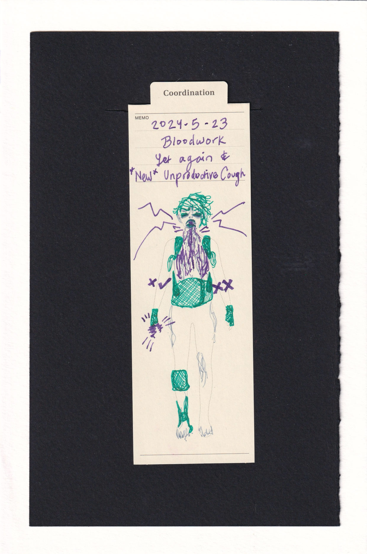 the outline of the figure is adorned in green turquoise,purple, and grey inks. The green ink adds compression gloves, an orthotic-prosthetic, a back brace/posture corrector, armpits, face hair and mouth. The purple marks 3 missed blood draw sites with Xs, and the one good one with a check mark. there is a bunch of linear striations coming from the mouth, and filling the chest where the lungs are. Zigzags come from the face and throat, and the right hand has cramps. Pale grey also touch the face, hips, inner knee, and feet.