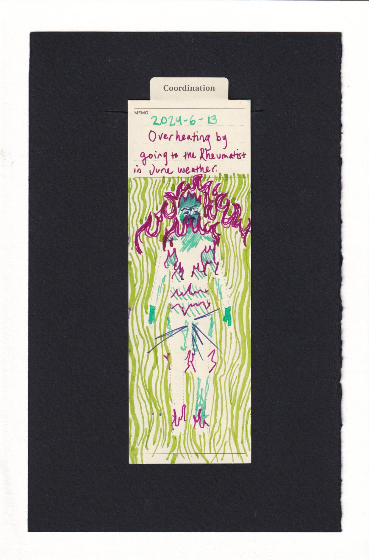 Dark red drawn flames over the figure on the bookmark and off of the figure's shoulders, partially eclipsing the face. More dark reg lines make flame-like sapes in the armpits, the creases of the stomach, the knee joints, and feet tops. The face of the figure is distressed. Wavy lime green lines of different widths make up the background, almost like heat evaporating off asphalt. Additional green lines shade areas like the forehead, chest, armpits, and other areas of sweating.