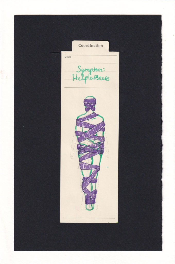 The figure's arms and legs are brought in fromthe outline. Their face and body are wrapped in large purple ribbon-like bindings, zig-zagging and making them a blinded, anonymized, and immobilzed entity.