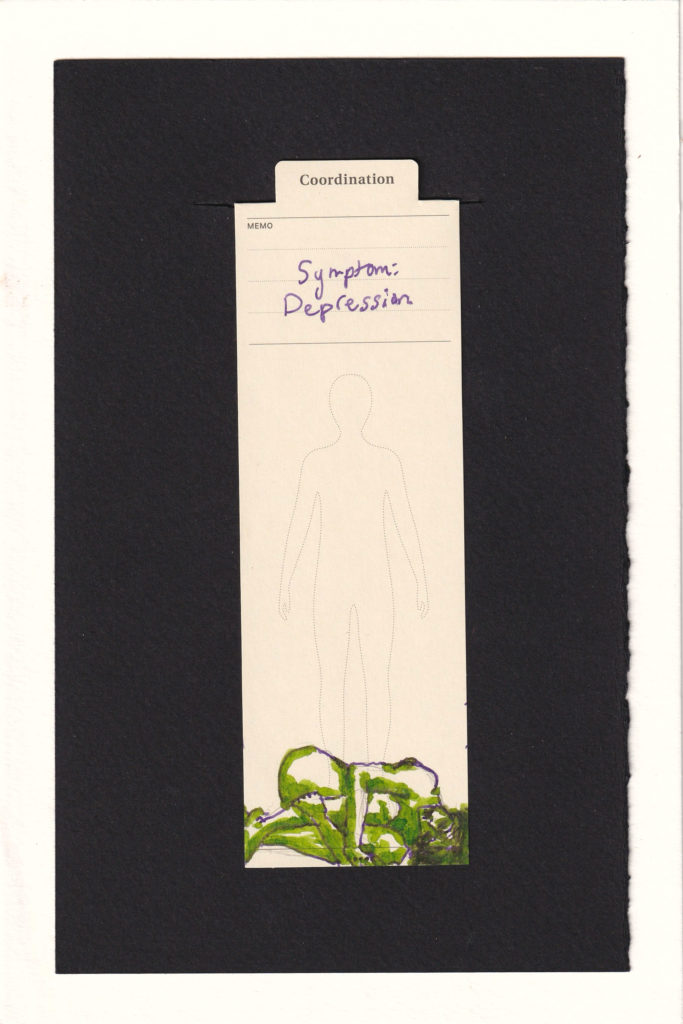 This drawing completely ignores the outline of the human printed on the bookmark. Instead, a person lies in the fetal position at the bottom of the page. They hug their knees to their chest in purple outline and dark lime green shading.