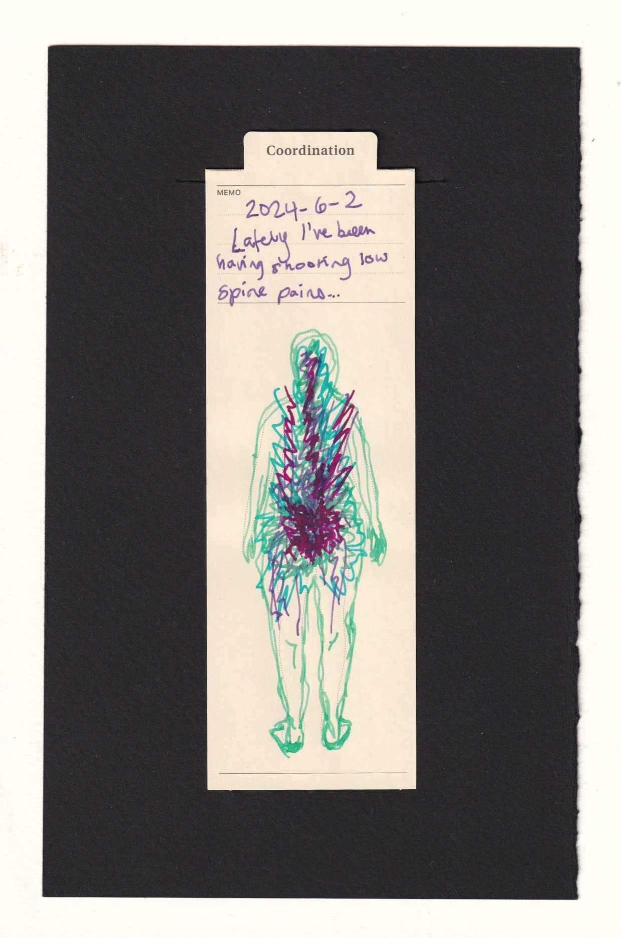 The figure on the bookmark has been given more detail to show we're viewing a person from behind. Many layers of jagged zig-zagging lines radiate upwards and outwards from a point near the tailbone in the lower back.