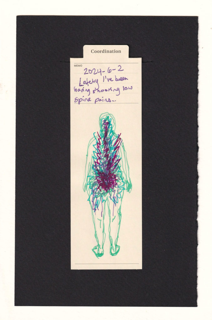 The figure on the bookmark has been given more detail to show we're viewing a person from behind. Many layers of jagged zig-zagging lines radiate upwards and outwards from a point near the tailbone in the lower back. 