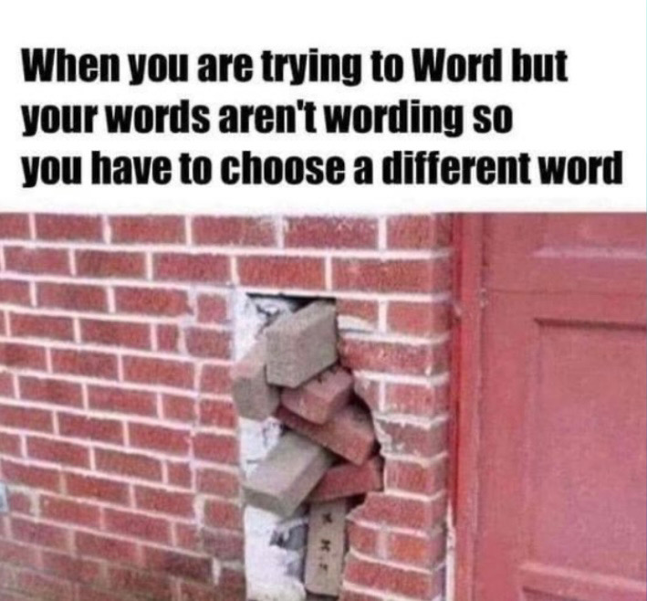 Otherwise smooth and effective brick wall with a hole in it, crammed full of different shapes and sizes of bricks. The caption reads "When you are trying to Word but your words aren't wording so you have to choose a different word."