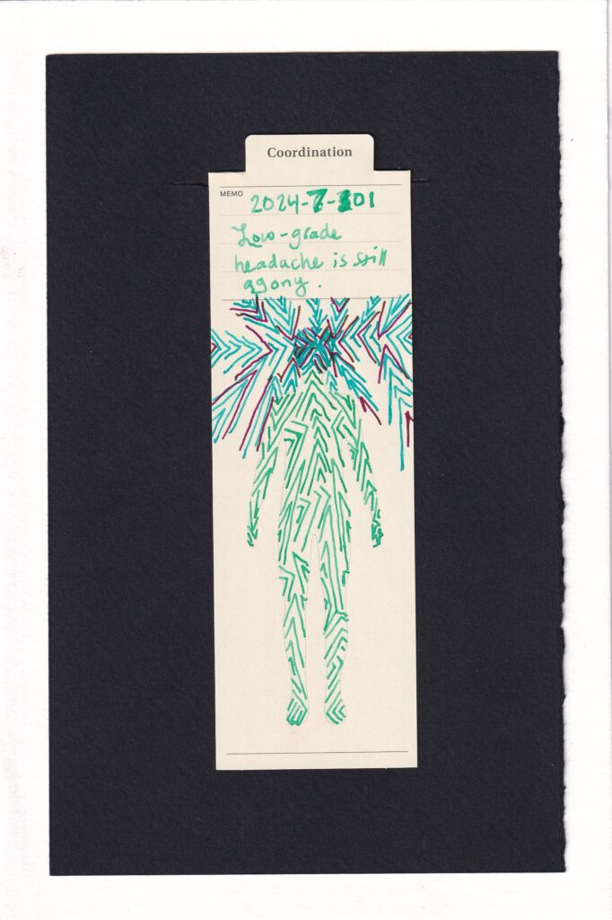 Cyan and dark red chevrons of recurrent > and < collaged in to each other, drilling in to the head. The head is all chevrons as well, pointing inward, no face. The body is made of light sea foam green chevrons as well.