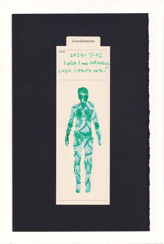 The figure has tiled diagonal blue scale-like patterns over their body. Sea foam green hatching marks where the lungs are, the cheeks, forehead, elbow pits, and lower intestine. The right hand is also covered in the sea-foam green as well as the backs of the knees.