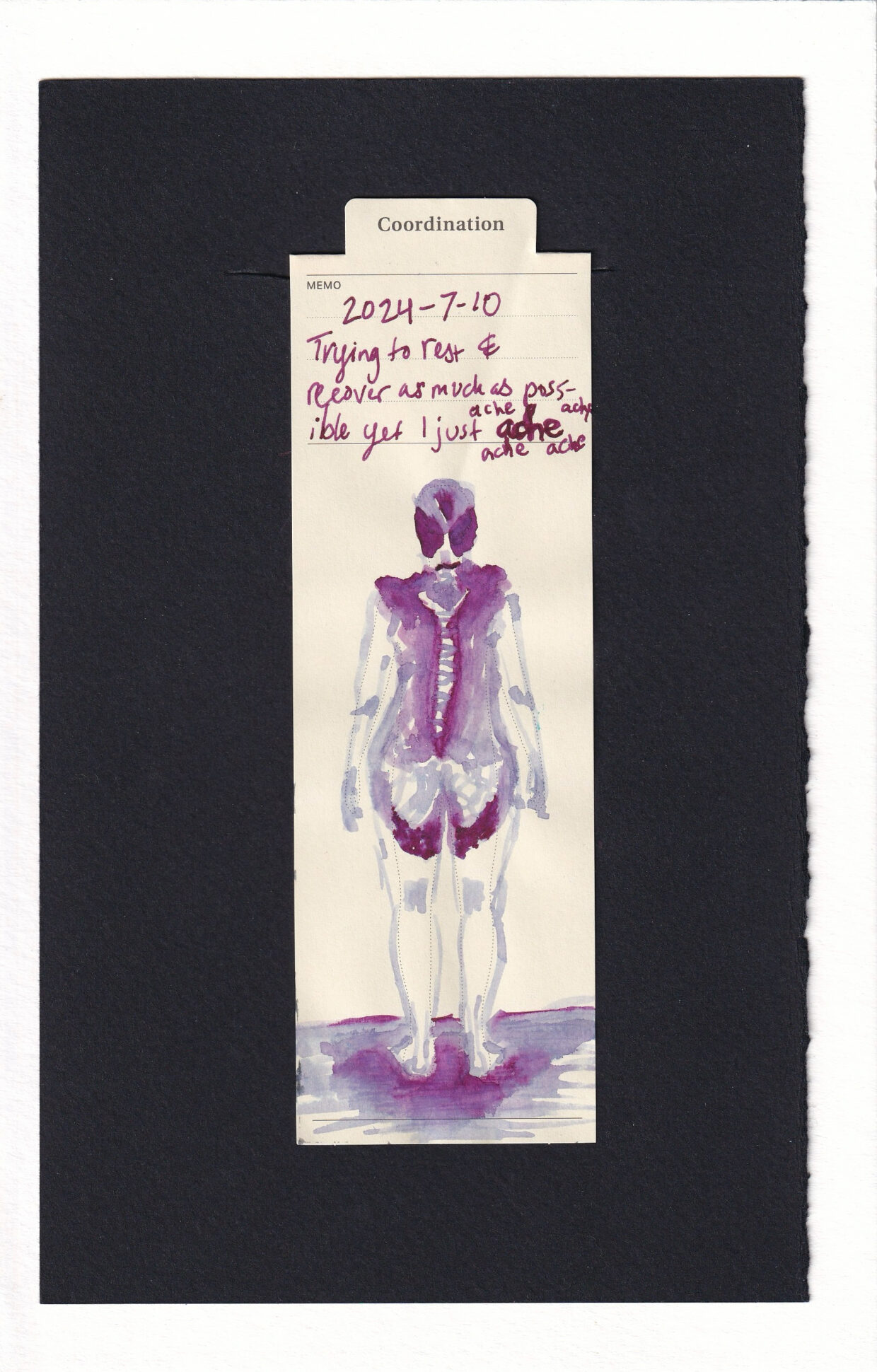 the figure has dark magenta around their spine, shoulder glades, and sides of skull, as well as under the buttocks. pale lavender-y grey makes our the rest of the figure and adds details. The lavender also blends with the dark burgundy color and creates and almost watery, dreamlike, abstracted version of the person who stands facing away from the viewer