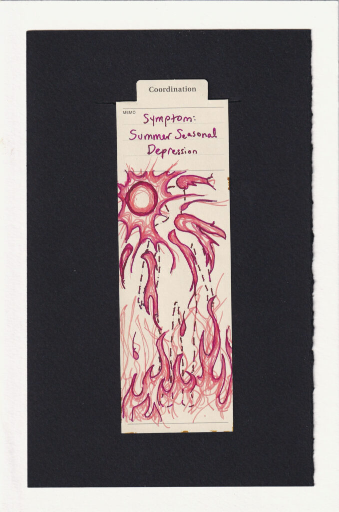 The figure is just a dashed outline. A blazing sun, fire rising from the bottom of the bookmark, and wavy heart distortion lines partially obscure the figure. The colors are bold dark magenta and peachy coral, but oddly somewhat depressing. Their vibrancy is maybe a bit toned down, or they are on the cooler end of the spectrum. Something is wrong.