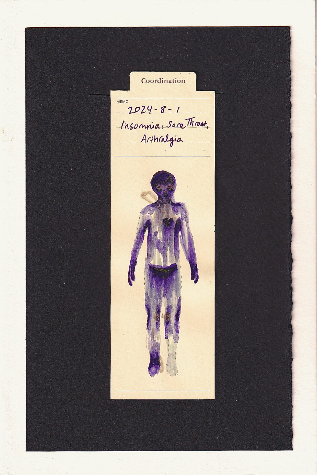 the figure has purple bleeding drippping ink in areas of pain -- head, shoulders, armpit, heart, lower GI, sides of knees, left ankle. Iridescent gold adorns certain areas, inclcuding the eyes, the throat, the left heel, and a large sharp triangle piercing the throat and pinching the heart. The iridescent gold didn't scan as well as I'd have liked, but it's an intersting different texture than the ink.