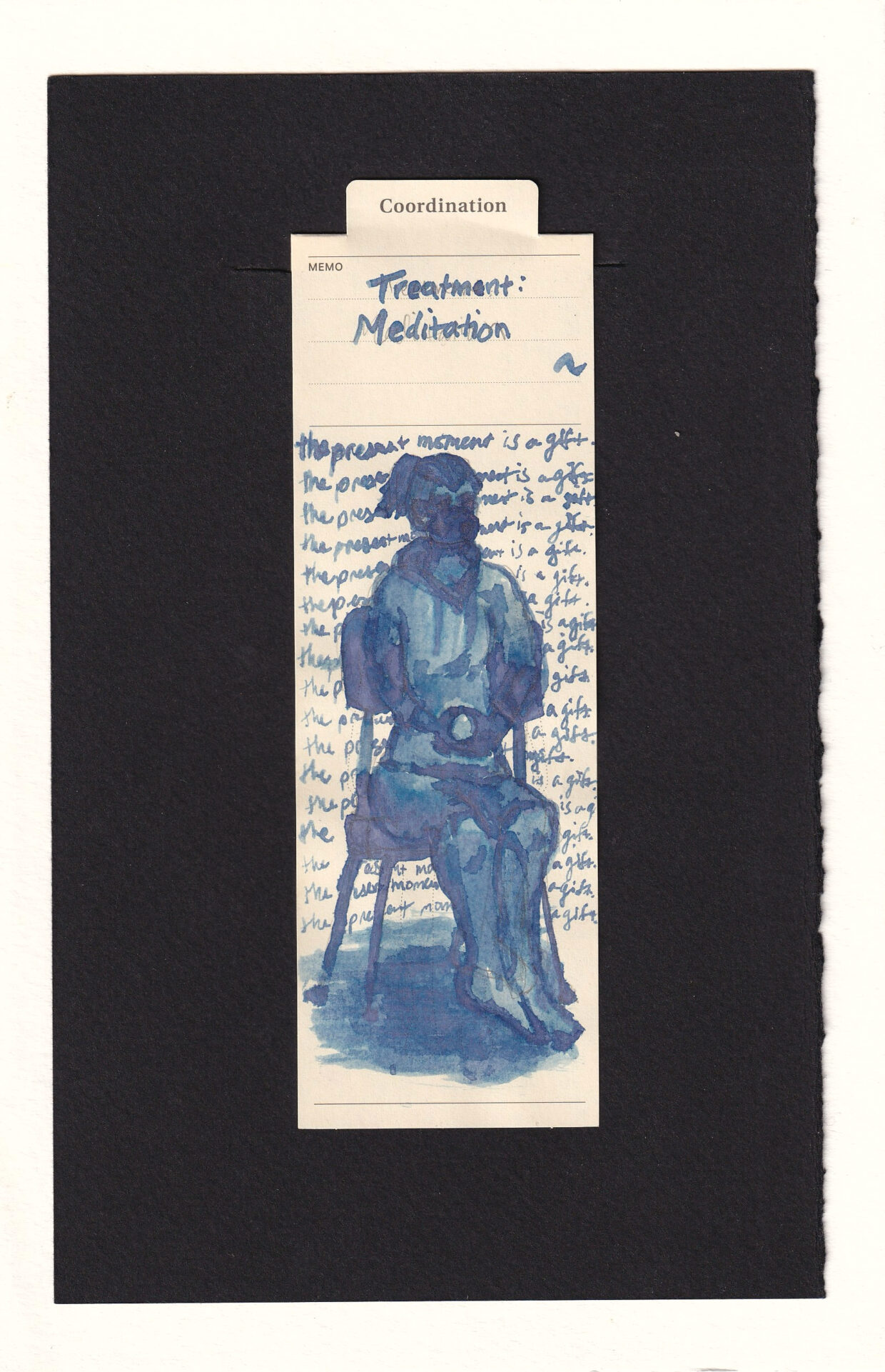 a figure in all blue-grey blurry and milky ink tones sits in a chair, holding their hands in the cosmic mudra. The figure has a mask and wears a hoodie. behind them repeatingly is the mantra "the present moment is a gift."