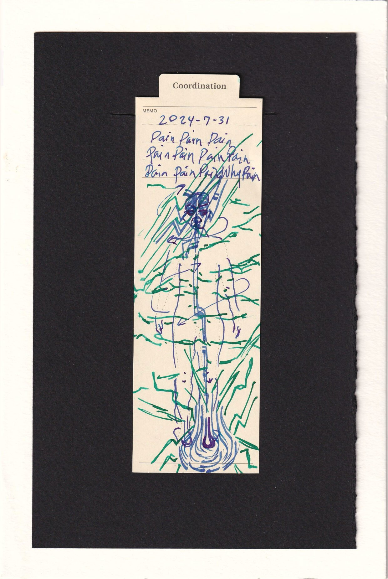 Chaotic ink adorns the bookmark. One heel is surronuded y pulsing lines and jagged shock-like lines. a line pulls up from the heel along the leg, up the spine, and to the brain. the face is drawn on in discomfort. the scribbles are very jagged, messy, and shock-like marks cover the head as well.