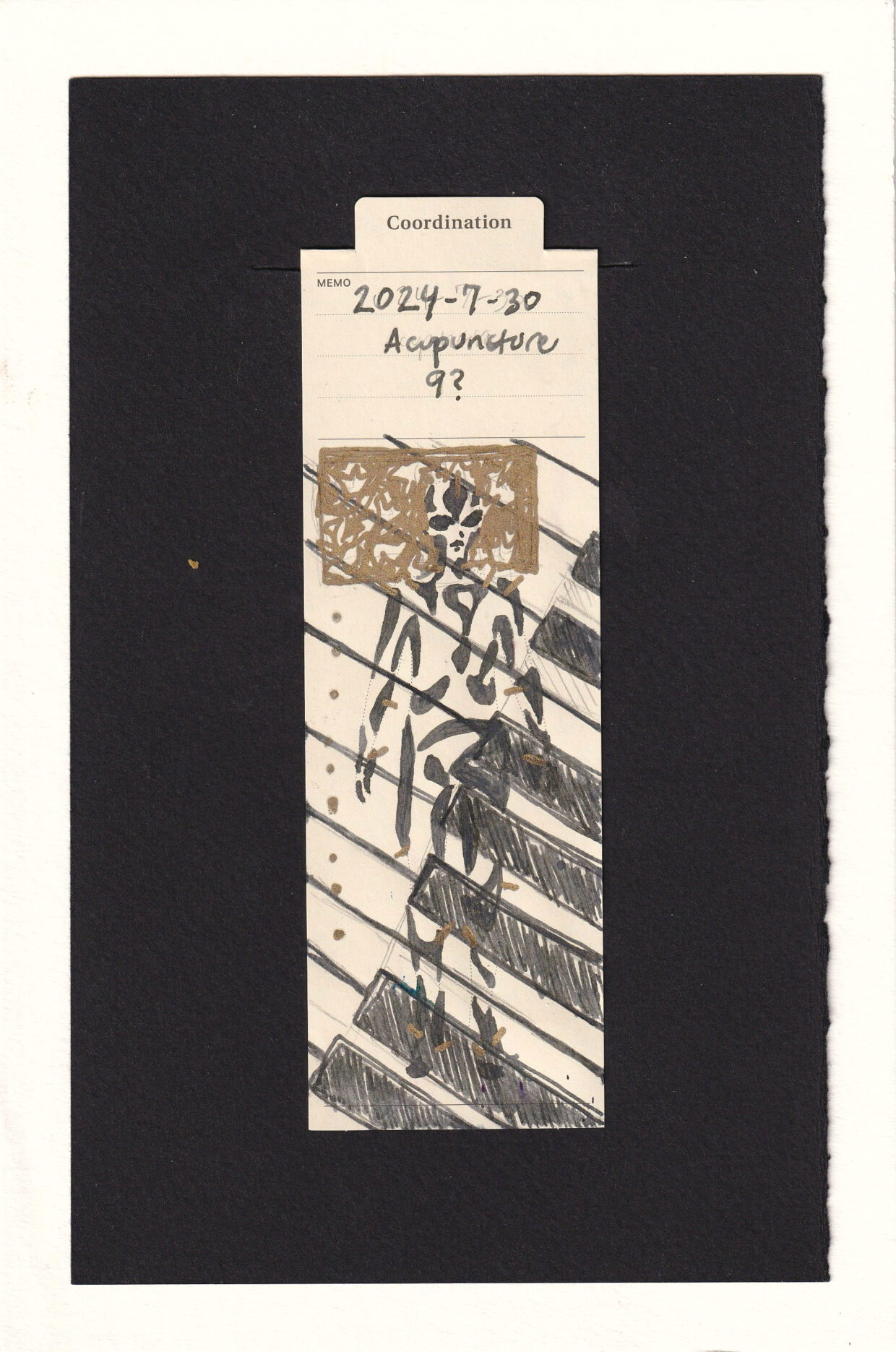 figure on the bookmark is adorned in abstract black shapes, wis small gold needles arising from diff body parts. Behind their head is an abstract gold rectangle with leaf-like dapples, and a bunch of gold dots coming fown from it. layered with the figure at a diagonal are piano keys.