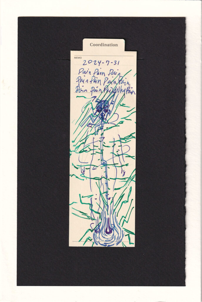 Chaotic ink adorns the bookmark. One heel is surronuded y pulsing lines and jagged shock-like lines. a line pulls up from the heel along the leg, up the spine, and to the brain. the face is drawn on in discomfort. the scribbles are very jagged, messy, and shock-like marks cover the head as well. 