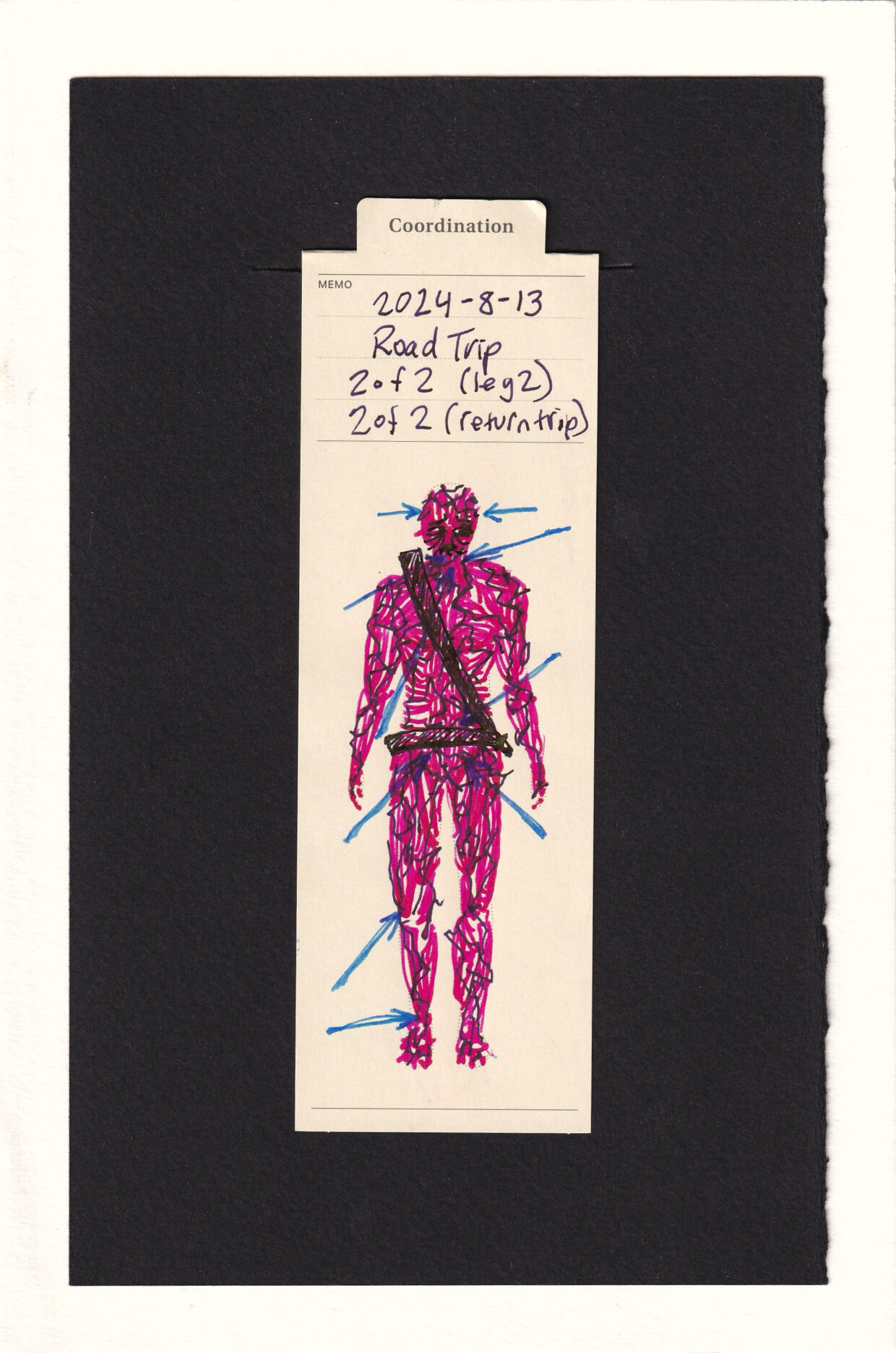 muscles are visible filling the outline of the person on the bookmark. Large blue arrows point and puncture different areas of the body. The muscles are covered in textured dark lines as well, making them look like they're cracking open.