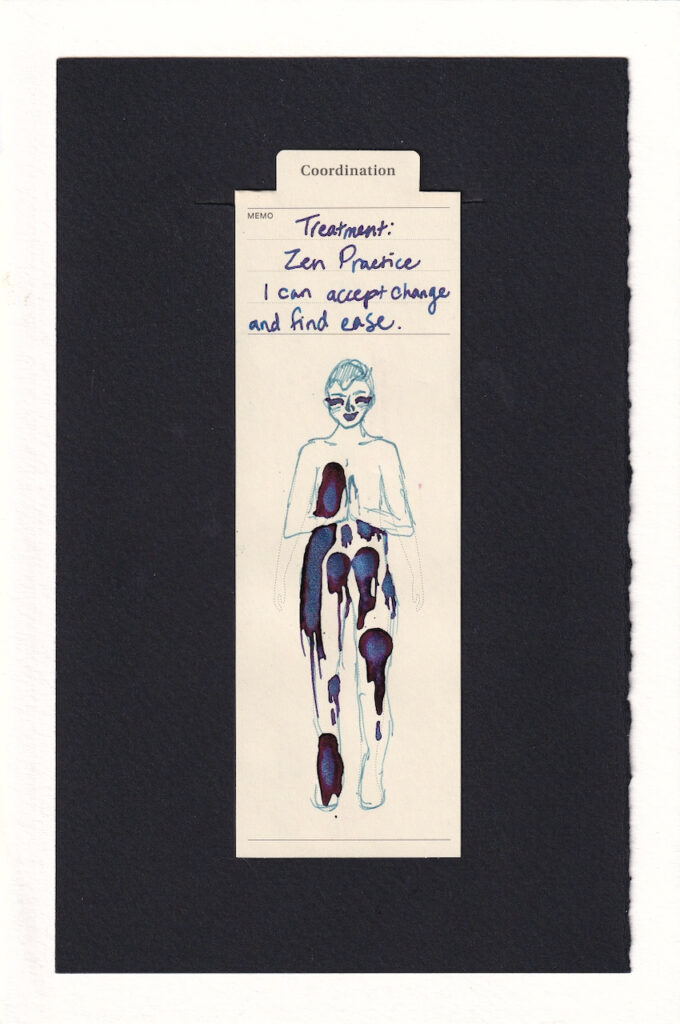 The body however, is dripping in oozing ink, reddish sheen and blue particulate. Despite this, the figure is in gasshou, a pose with two hands in prayer at the chest. The face is content and happy, eyes shut peaceably and mouth smiling. The pain and discomfort of disease does not mean that there is only dis-ease.