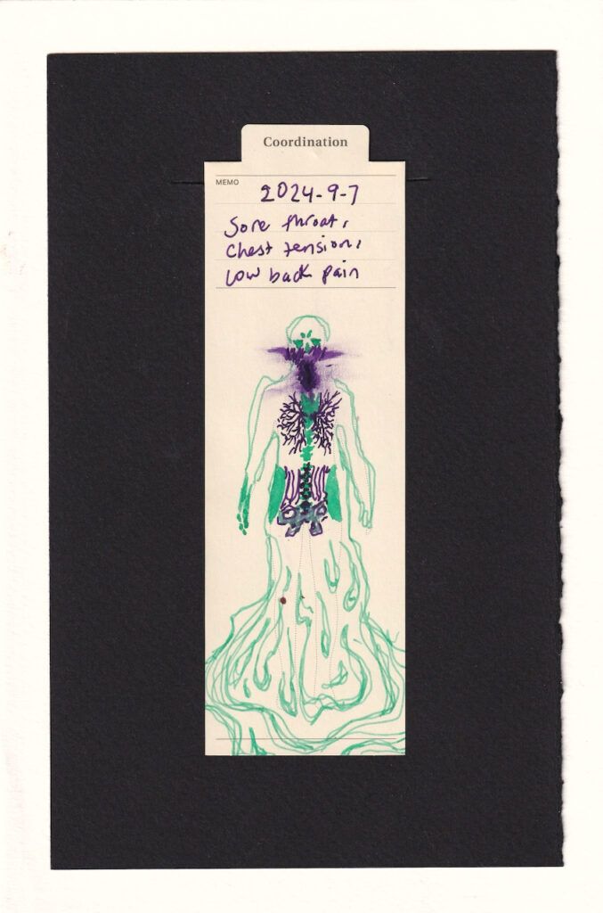 the bookmark is adorned in sea foam green and dark purple ink. the throat and cheeks are smudged purple. The face is conteorted in worry. The bronchi of the lungs are visible, as well as the spine and pelvic bones, outlined in purple and shaky. The lower part of the body melts in to goo.